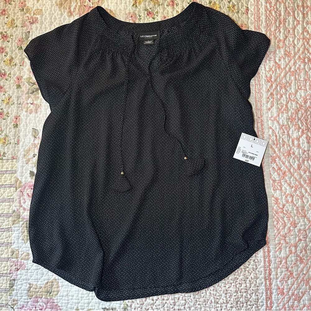 NWT Liz Claiborne Black Dotted Blouse Womens size large